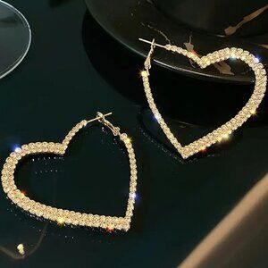 Gold Tone Heart-Shaped Hoop Earrings With‎ Sparkling Rhinestones